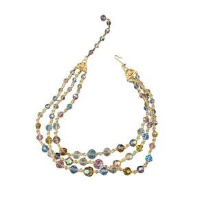 Vintage Multicolor Crystal Bead Necklace 3-Strand gold tone accents  15"